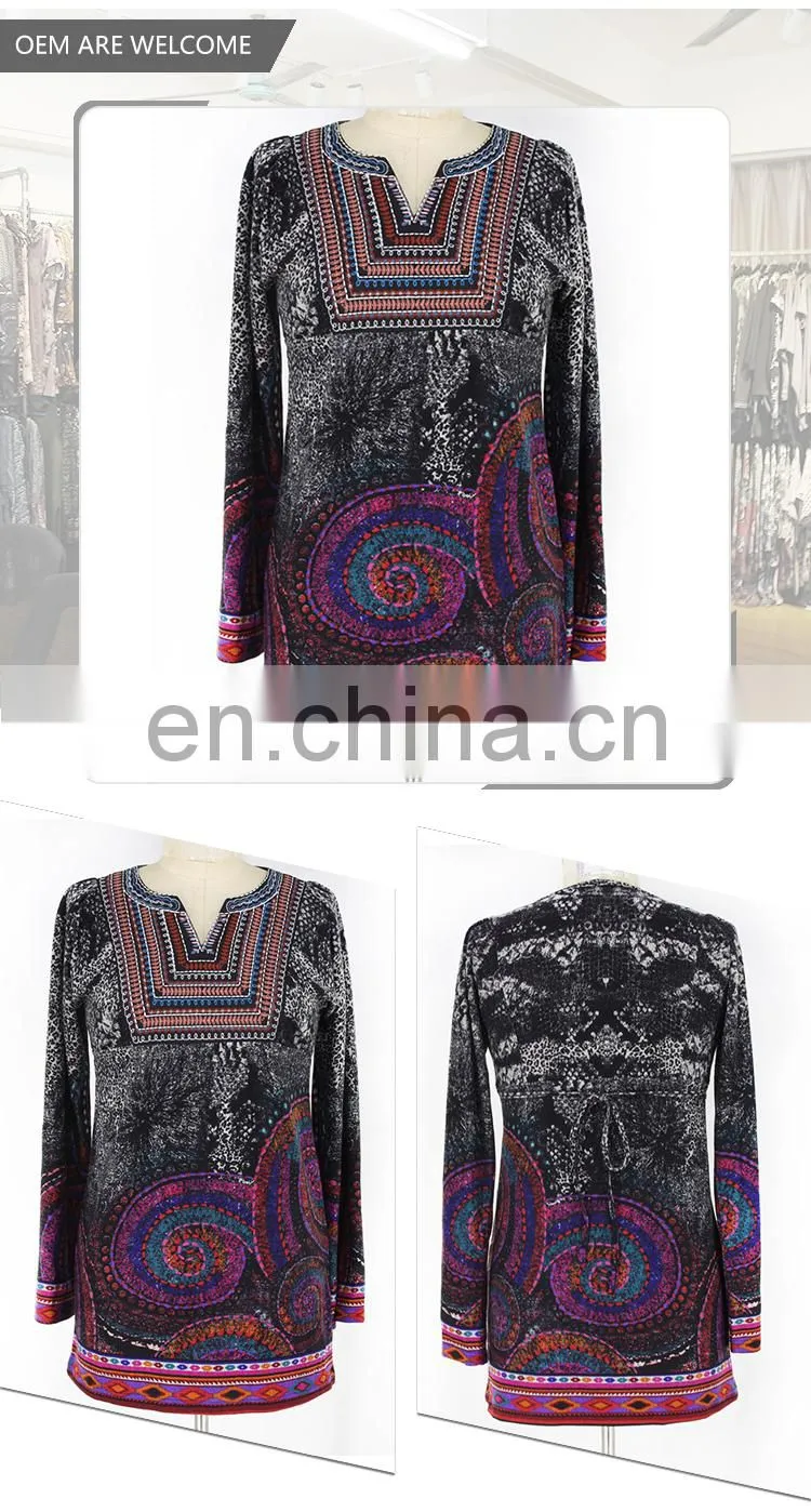 Spandex ethnic digital printing burgundy gypsy design ropa mujer tunic for old ladies