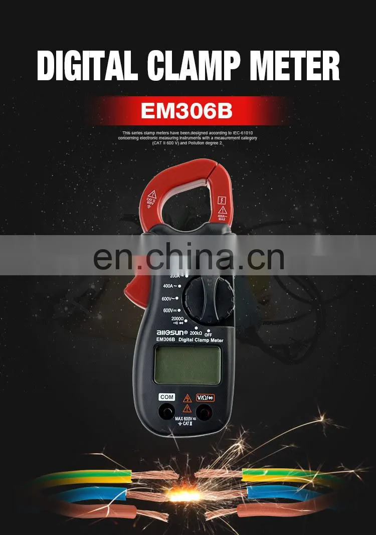 Allosun Handheld clamp meter digital AC DC Volt AC Amp OHM LCD Audible Diode Tester Portable Handheld Clamp Multimeter