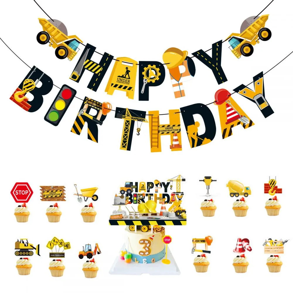 Truck and Car themed birthday party decorations flag banner balloon cake decorations tableware table