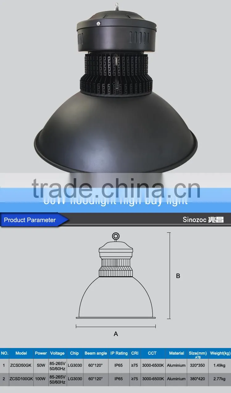Sinozoc Wholesale 50w 100w ip65 Led High Bay Lights good heat radiation low decay Indoor Led High Bay Lighting Fixture