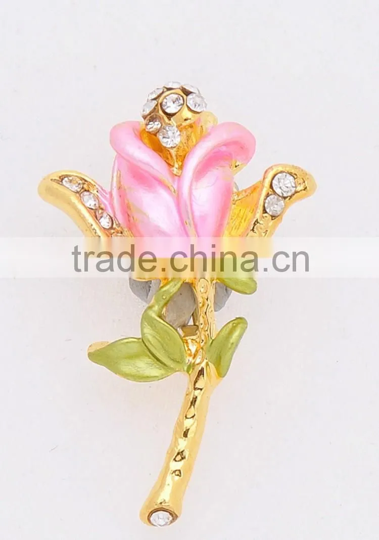 Fashion elegant pink rose crystal flower small scarf ring brooch