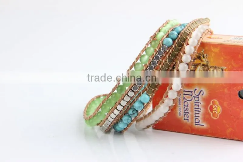 Top Quality 6mm Natural Turquoise Agate Beads Jewelry Leather 5 Wrap Bracelet Weaving Charms Bracelets For Women