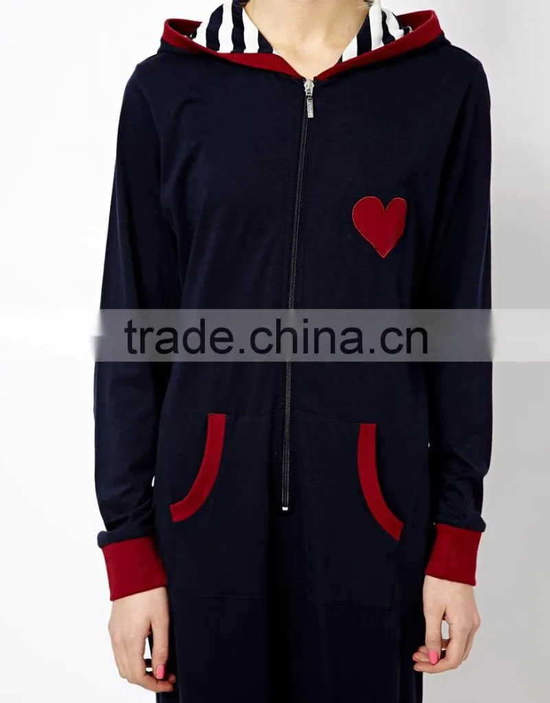 Ladies Petite embroidered with contrast color cuff Onesie Pajamas with Hood