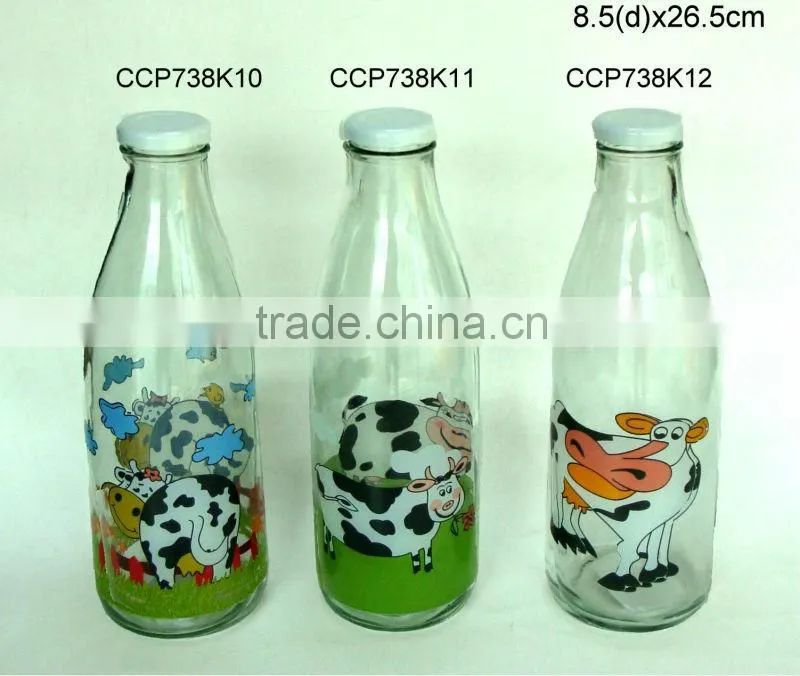 CCP738K21 1L glass milk bottle with decal printing with metal lid