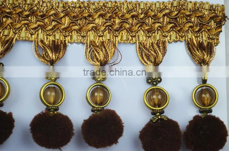 decoration fashion tassel fringe for curtain,polyester curtain pom pom tassel fringe