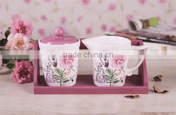 Wholesale Ceramic Creamer and Sugar Canister Set with Bamboo Stand
