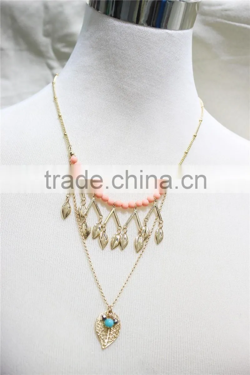 Gold Leaf w/ Pink Turquoise Pendant Necklace Goldtone Triple Necklace Satellite Chain Necklace 2016 Fashion Style Wholesale