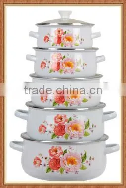 2014 Best Quality Durable Pink Flower Decal Enamel Cookware Set Enamel Pot 5 Pcs Stock Belly Pot With Lid