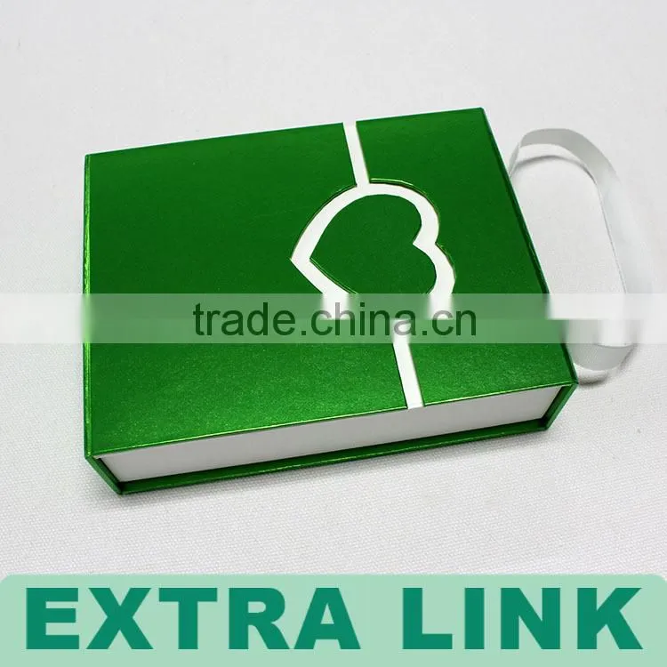 Handmade handle white insert green fancy paper wrapped heart closure chocolate cardboard box