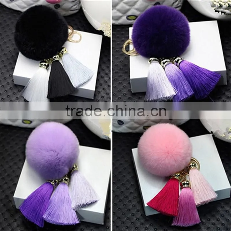 2017 new trinket Keychain pompons rabbit fur fluffy Pom Pom key chains for cars keyrings