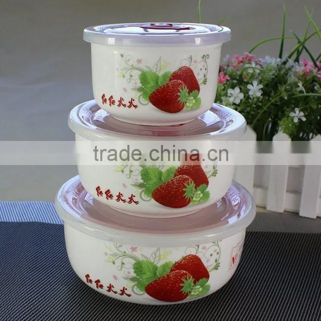 ceramic bowl , set 3 preservation fresh seal bowl set,3pcs ceramic salad bowl set with plastic lid