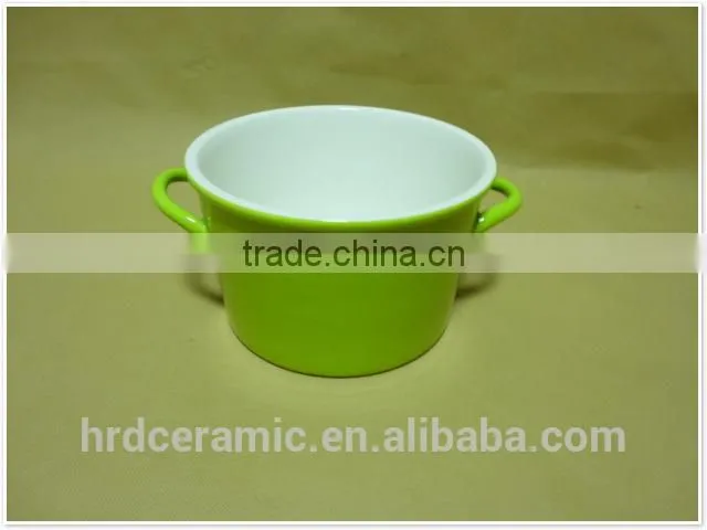 Large colorful two handle porcelain ceramic bowl,white porcelain