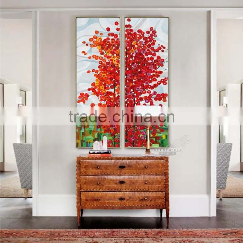 Wall Art 2 Panel Red Tree Oil Canvas Painting Abstract Scenery Picture For Living Room Wall Decor Oil Paintings Framed Stretc