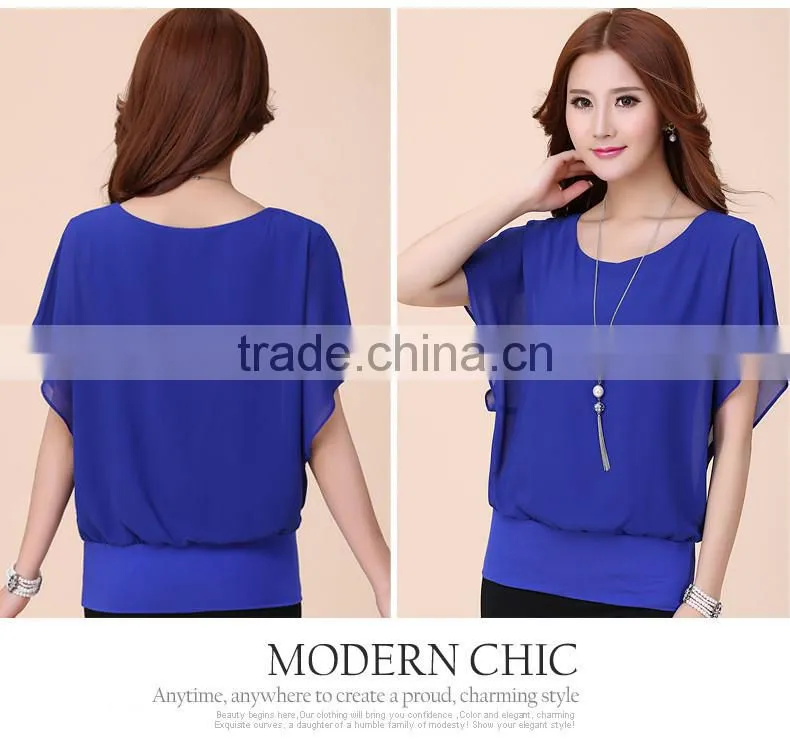 Hot Fashion Blusa Feminina 2015 Summer Casual Plus Size Slim Bat sleeve Chiffon Shirt Women Blouse Blusas Women Tops Clothing