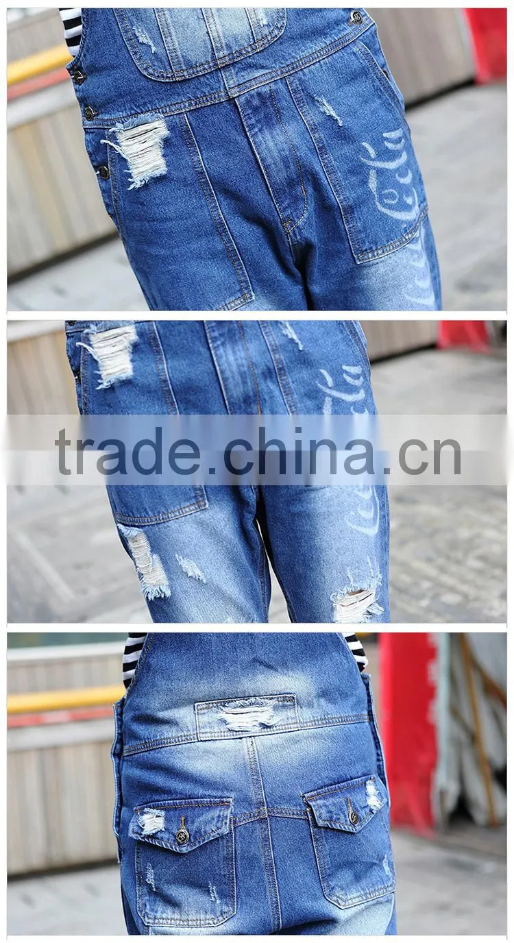 New model custom boyfriend jeans rompers high quality ripped bib overalls for men