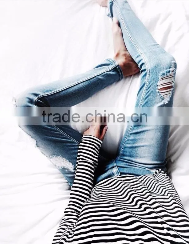Runwaylover custom newest fashion stretch blue holes denim jeans women negotiate price