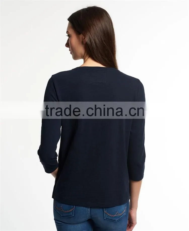 2017 Hot Selling Guangzhou Shandao New Style Women Autumn Casual Wine Red 3/4 Sleeve Round Neck Embroidered Rayon Tops