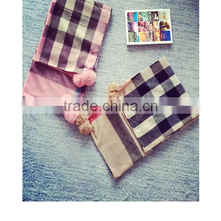 Classic jacquard cashmere checked plaid acrylic long pompom plush ball scarf