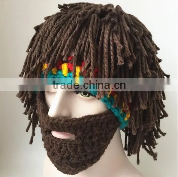 Hot Sell Mens Barbarian Knit Crochet Hat Wig Mustache Cap Beard Mask Hat detachable beard