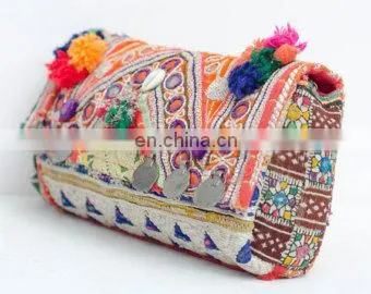 Women Customized hot selling indian Vintage Tribal handmade patchwork banjara clutch bag with beaded mirror work tassel coin