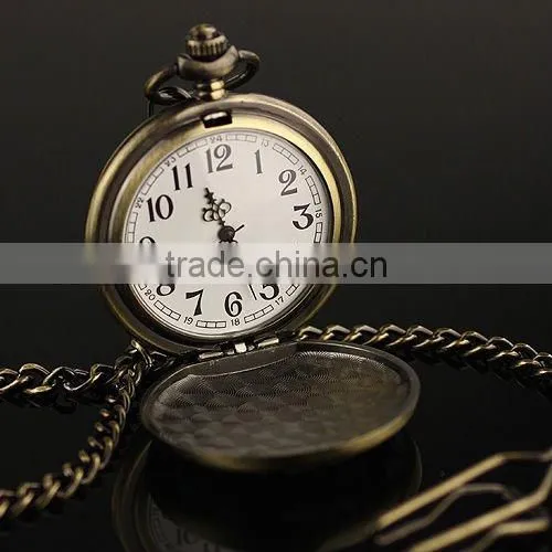 WP031 New Mens Coppery Stainless Steel Case White Dial Arabic Numbers Modern Pocket Watch With Chain