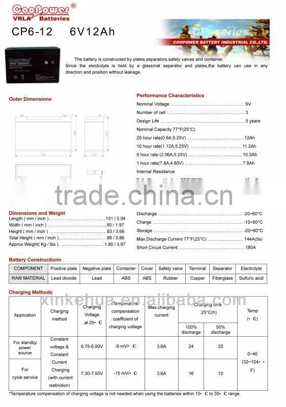 AGM Sealed Lead acid battery /6V12AH UPS battery/Solar Battery