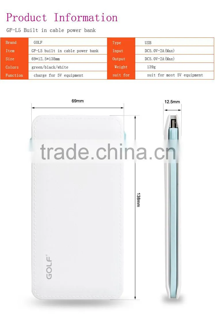 Hot selling Custom Logo 5000mAh Capacity Portable Power bank USB cable 5000mah power bank /universal portable power bank