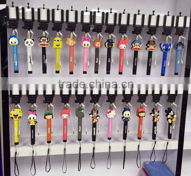 Most popular extendable cartoon selfie stick Wired monopod selfie stick for Smart phones and digital cameras