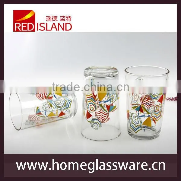 glass works supply drinking glass cup with decal, glass tumbler