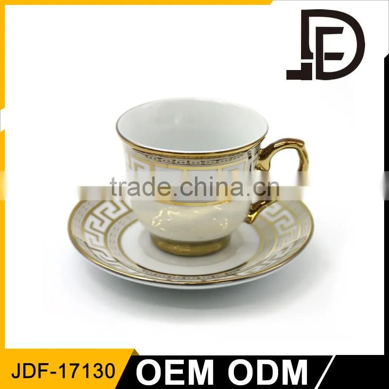 Wholesale gold electro plating custom printed durable porcelain tea cup and saucer