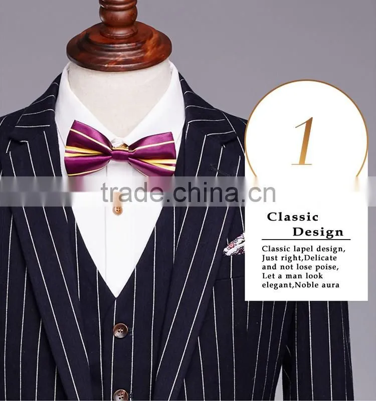 2017 latest design 3 pieces suits with long blazer waistcoat and pants dark blue stripe suite made in china