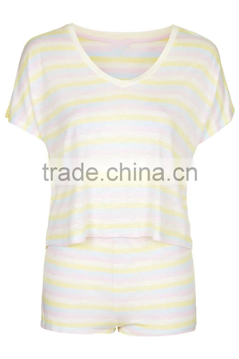 beige Striped Tee and Shorts Set women pajamas