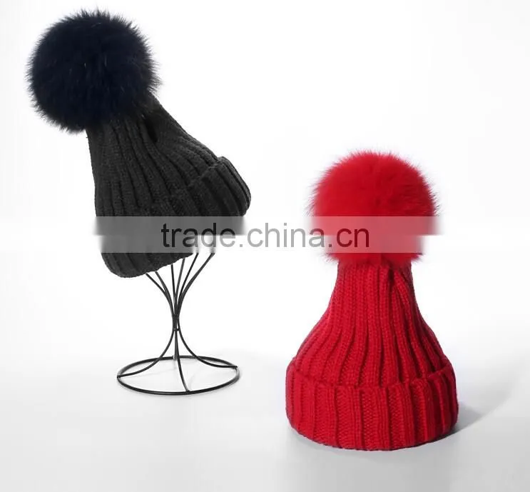 Adult Lady Fox Fur Pom Pom Crochet Warm Black Winter Knitted Hats Cap For Women Perfect Valentine's Day Gift