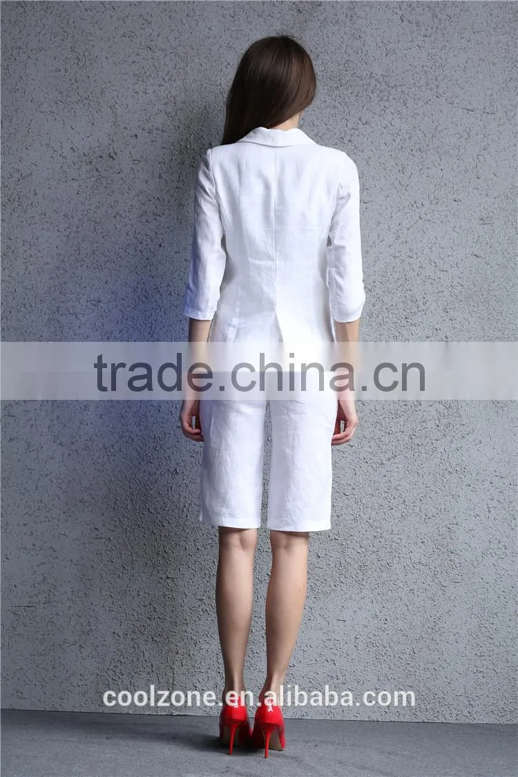 2014 summer cotton/linen ladies two pieces short sleeve blazer and middle pants set women office business suit