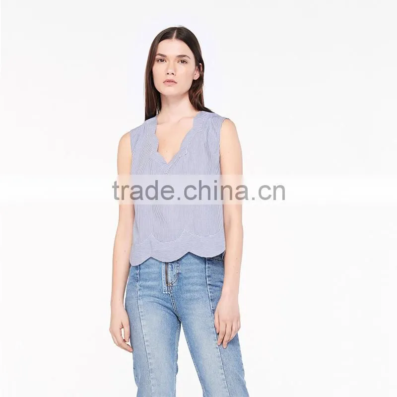 Striped cotton top with wave cut V-neck and hem sleeveless shirt tank tops