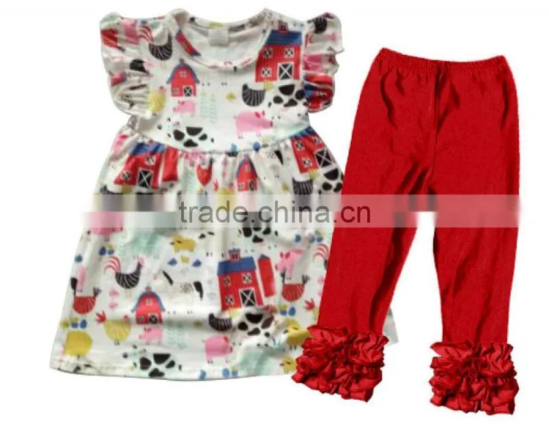 Wholesale Baby Girls Fancy Boutique Clothing Fall Printing Ruffle Top Clothing Sets Remake Outfits