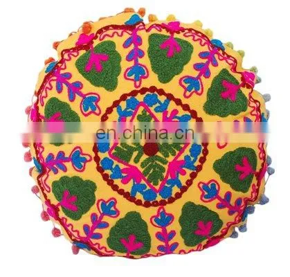 Embroidered 16x16 Suzani Round Cushion Cover Home Decorative Multi Pom Pom Pillowcase