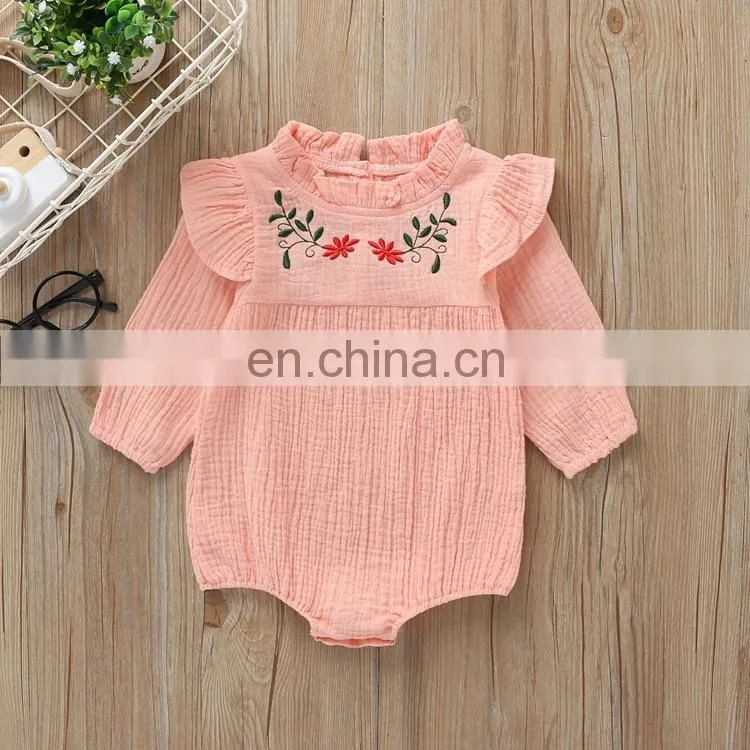 Wholesale Fashion Romper Full Sleeve Ruffle Flower Embroidery Baby Linen Romper