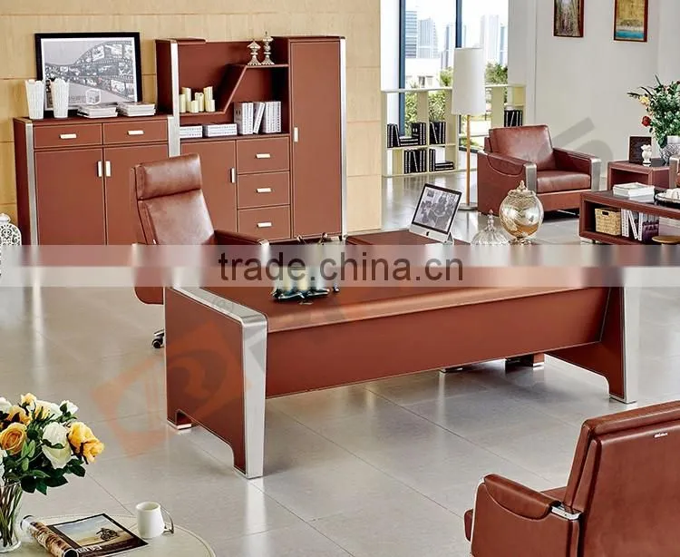Antique customized colorful wooden commercial front executive office desk with genuine leather cover design