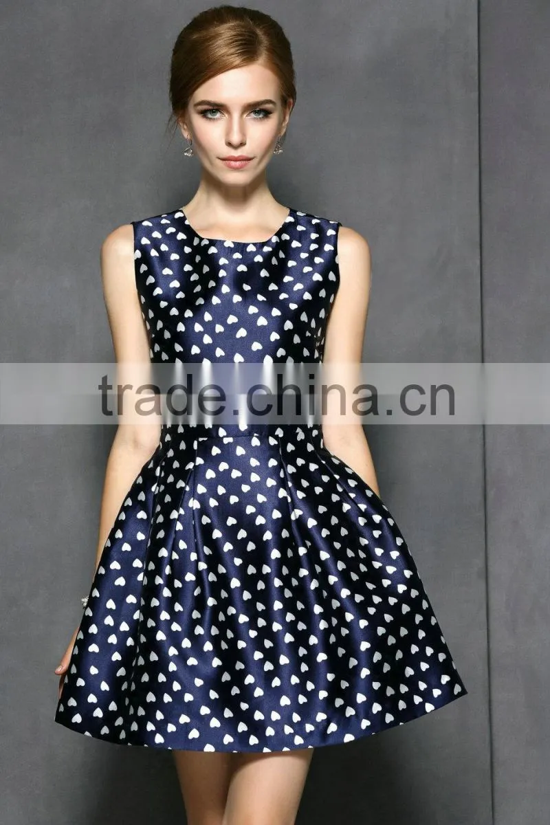 100% polyester sleeveless heart printed summer dress 2014 with good lining