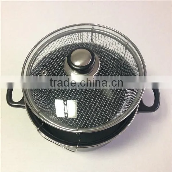 frying pan 3 pieces sets stockpot metal frying basket net with glass lid