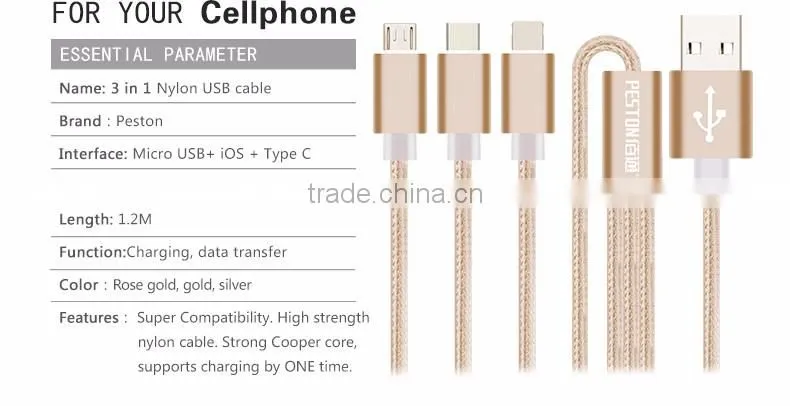 1.2m Nylon Woven Three Metal Plugs 3 in 1 Micro USB Cable Colorful Phone Cable for iPhone 6 6s Plus 5s Android Type C
