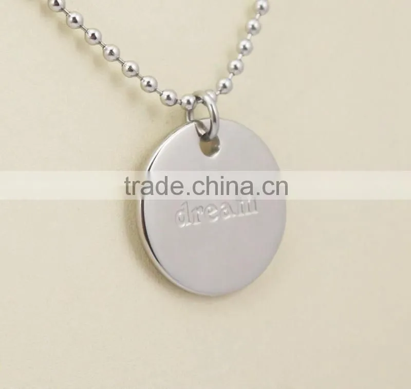 Fashion Jewellery Engraved Words Dream Hope Disk Pendant Jewelry Necklace