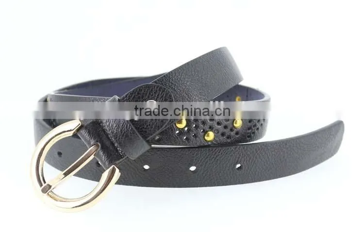 Women's fashion metal studded black leather belt with shiny gold buckles in yiwu