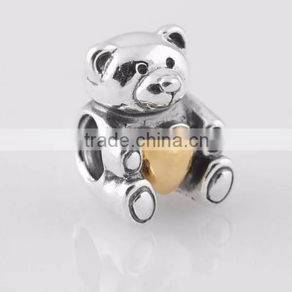 Teddy Bear with Golden Heart 925 Sterling Silver Screw Charm Bead DIY making