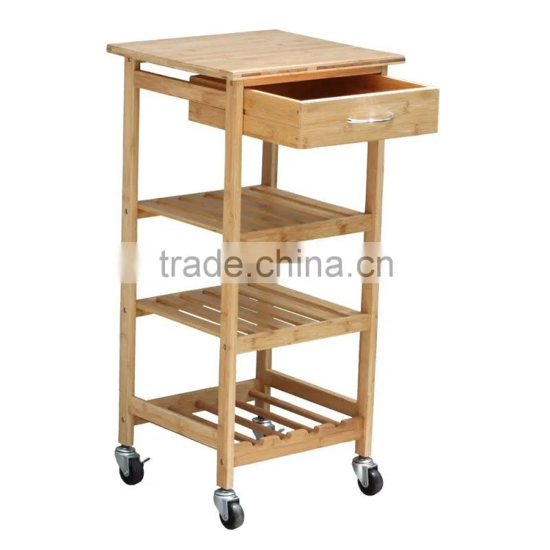100% eco-friendly Bamboo Utility food Cart Foldable Kitchen Cart with Knife Block Kitchen Trolley