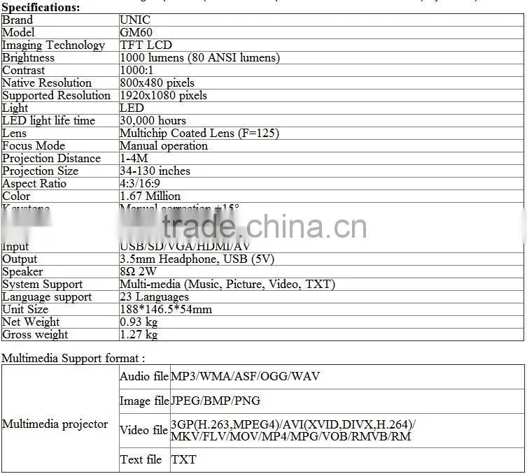 Hot selling GM60 Portable Mini Home theater LED Projector support WiFi connect , with HDMI USB AV VGA SD port