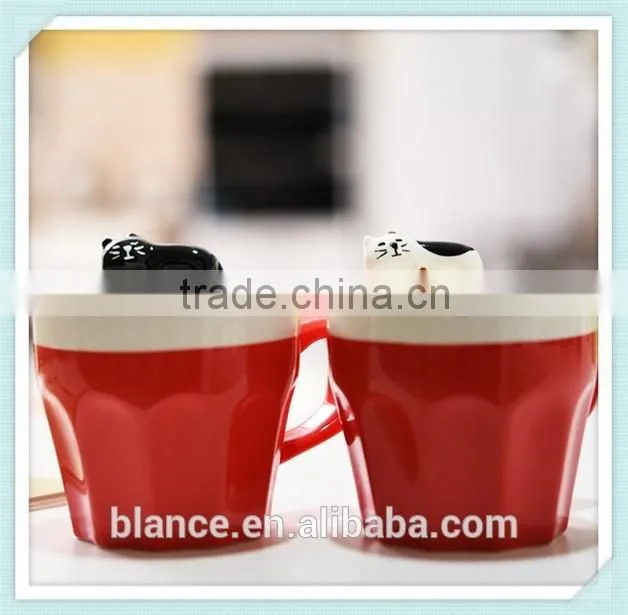 ceramic lazy cat mug with lovely animal figurine on the rim