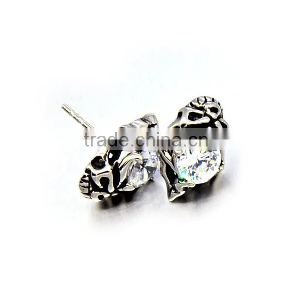 Hiphop Mens Castings Silver Jewelry Diamond Stainless Steel Skull Earrings