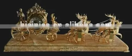 Cast Metal Clock With Marble Base, Deer Driving Cart Desk Clock/Mantle Clock